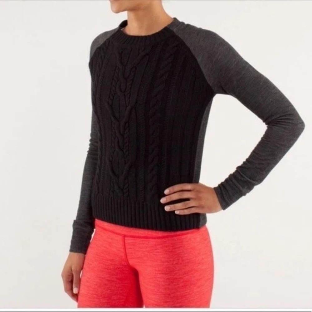 Lululemon St Moritz Cable Knit Wool Crop Sweater Womens 6 Black Gray Athleisure